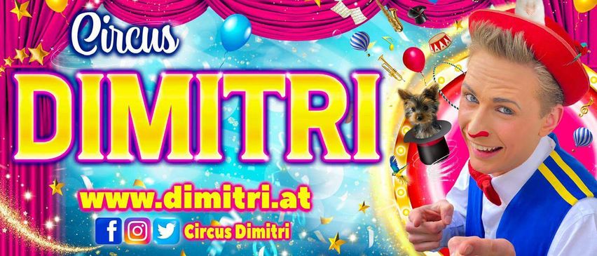 Ein farbenfrohes Poster für Circus Dimitri mit einem Hund in einem Zauberhut, bunten Luftballons und einer Website-Adresse. Der Hintergrund ist mit Musikinstrumenten und Sternen verziert.