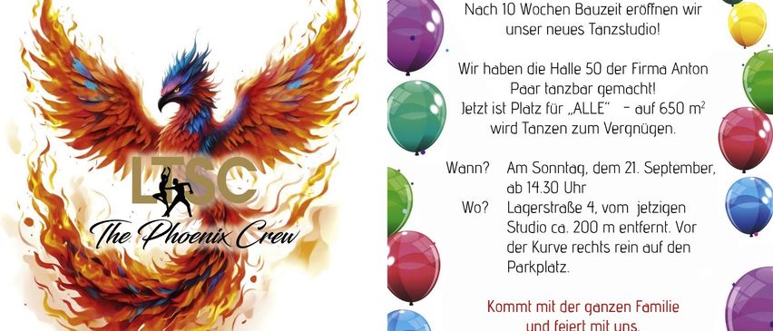 Das Phoenix Crew Logo auf weißem Hintergrund mit einem feurigen Design. Einladungskarte zur Eröffnung eines neuen Tanzstudios, die alle einlädt, zu kommen und zu tanzen.