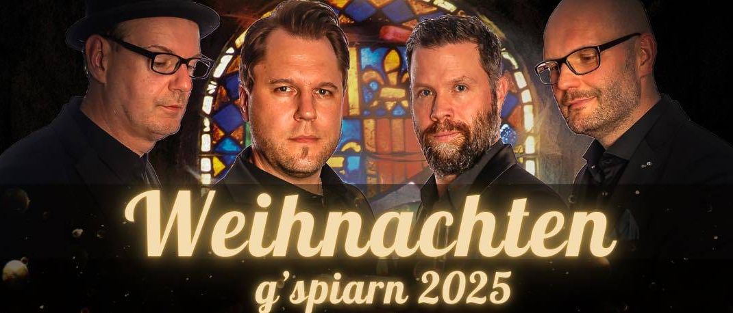 Ein Veranstaltungsplakat mit vier Männern vor einem Hintergrund aus Buntglas. Der Text lautet 'Die Neffen von Tante Eleonor Weihnachten g'spiaarn 2025'. Darunter sind Termine und Orte für Veranstaltungen im Jahr 2025 aufgelistet.