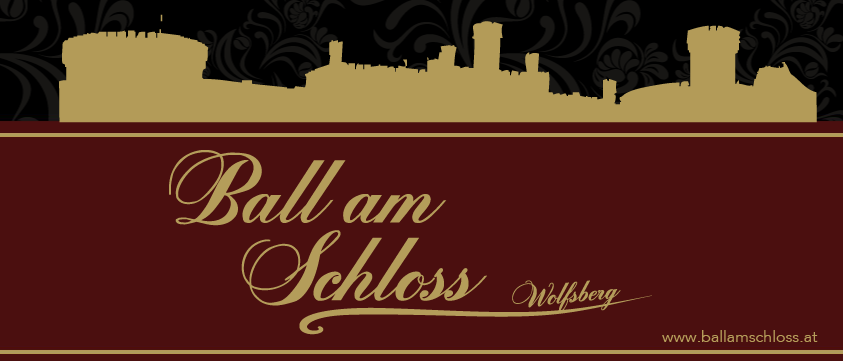Silhouette einer Burg und Stadtsilhouette mit den Worten 'Ball am Schloss Wolfsberg'.