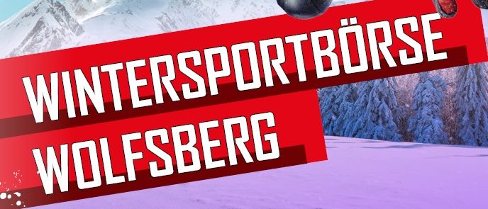 An advertisement for winter sports in Wolfsberg features a snowboarder in mid-air with mountains in the background. The text reads 'Wintersportbörse Wolfsberg'.