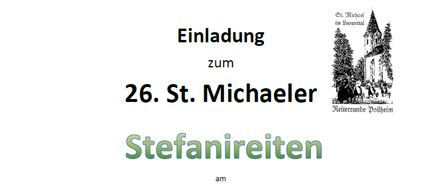 Das Plakat für die 26. St. Michaeler Stefanreiten am 26.12.2025 zeigt ein Pferd und einen Reiter, mit Details zu Treffpunkten und Zeiten. Reiter sind eingeladen, sich bei der Festhalle St. Michael zu treffen.