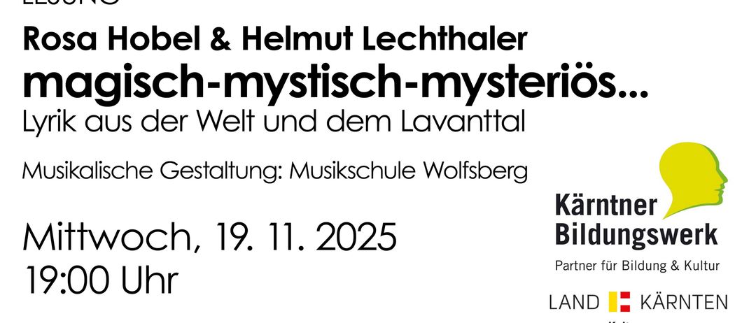 An event announcement for Museum im Lavanthaus, featuring Rosa Hobel and Helmut Lechthaler, scheduled for November 19, 2025.