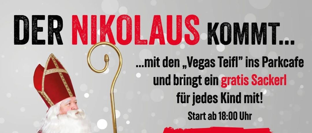 Plakat mit dem Nikolaus, der einen Stab hält, einer Gruppe von Menschen in Kostümen und Text über ein kostenloses Geschenk für Kinder. Veranstaltung im Parkcafe, 6. Dezember 2025, Beginn um 18:00 Uhr.