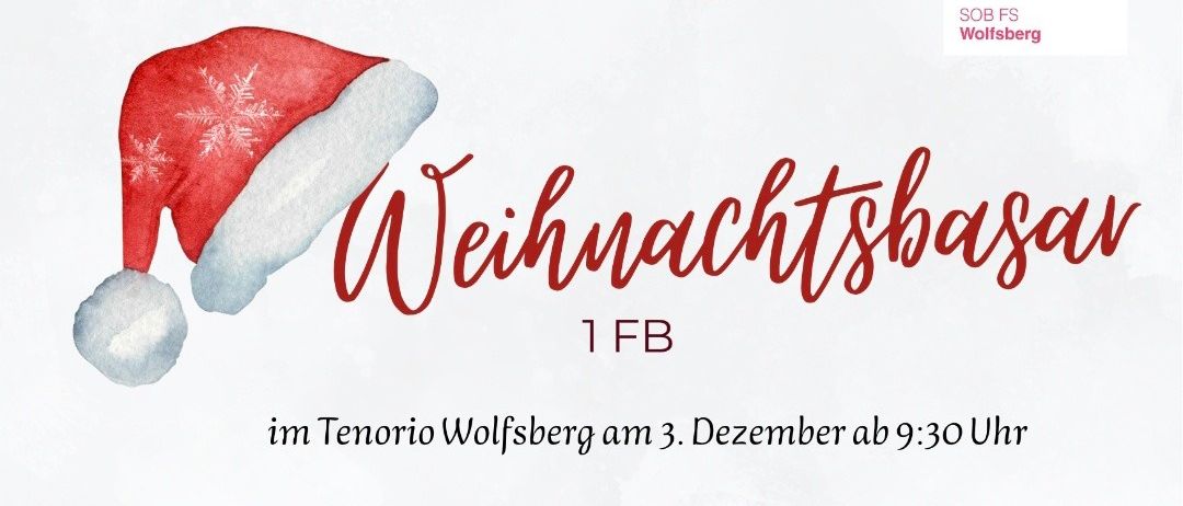Werbeposter für einen Weihnachtsbasar im Tenorio Wolfsberg am 3. Dezember ab 21:30 Uhr. Die Veranstaltung spendet Reinigungsgeld an die Alpenunion. Mit Weihnachtsmütze und Sternen.