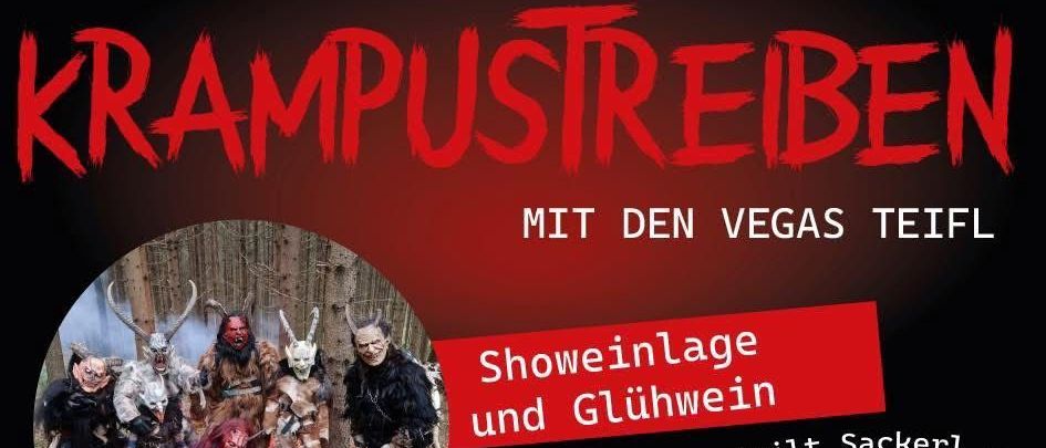 Ein Plakat für die Veranstaltung Lobisser Cafe, Krampustreiben, am Freitag, 5. Dezember um 17:00 Uhr. Es zeigt den Weihnachtsmann, eine Gruppe von Personen in Kostümen und den Slogan 'Showeinlage und Glühwein'.