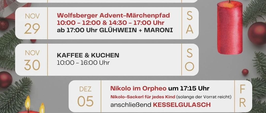 Ein Plakat für Advent in Griffen. Zeigt Öffnungszeiten, Termine und Aktivitäten. Beinhaltet Live-Auftritte, Kaffee- und Küchenzeiten und eine Nikolaus-Sack-Verlosung.