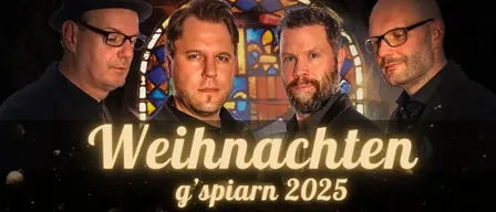 Werbeplakat für 'Die Neffen von Tante Eleonor' mit dem Datum 'Weihnachten g'spian 2025'. Vier Männer sind abgebildet, alle mit Brille. Ein Zeitplan der Aufführungen ist aufgeführt.
