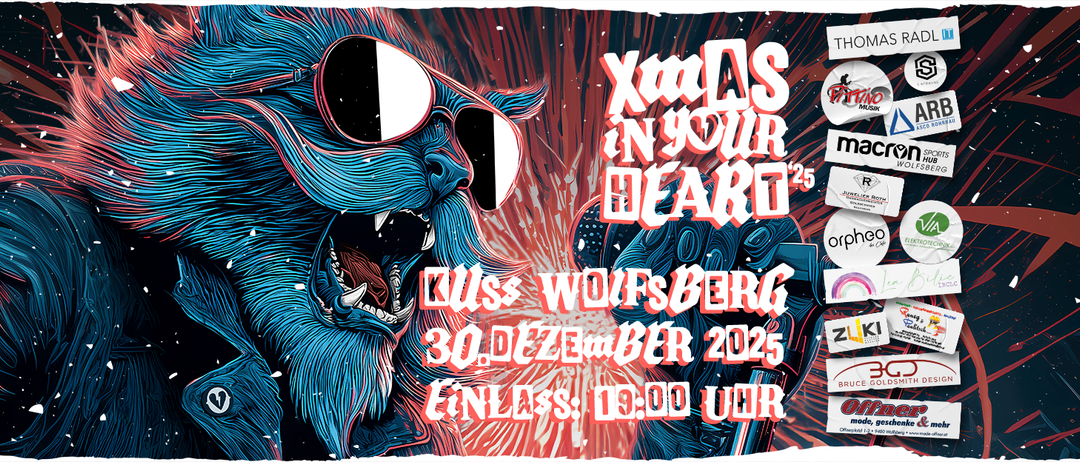 Blaues Wesen mit Sonnenbrille brüllt, feuerhafter Hintergrund. Text lautet 'Kool ist in deinem Herzen', 'Uss Wolfsberg', '30.Dezember 2025' und 'Endlos: 10:00'.