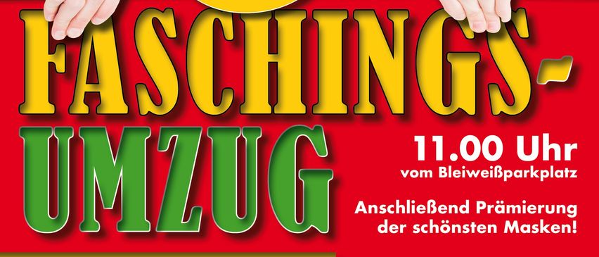 Plakat für eine Karnevalsparade in Wolfsberg, Deutschland. Es zeigt zwei Clowns und erwähnt DJ Harry, Datum und Uhrzeiten der Veranstaltung.