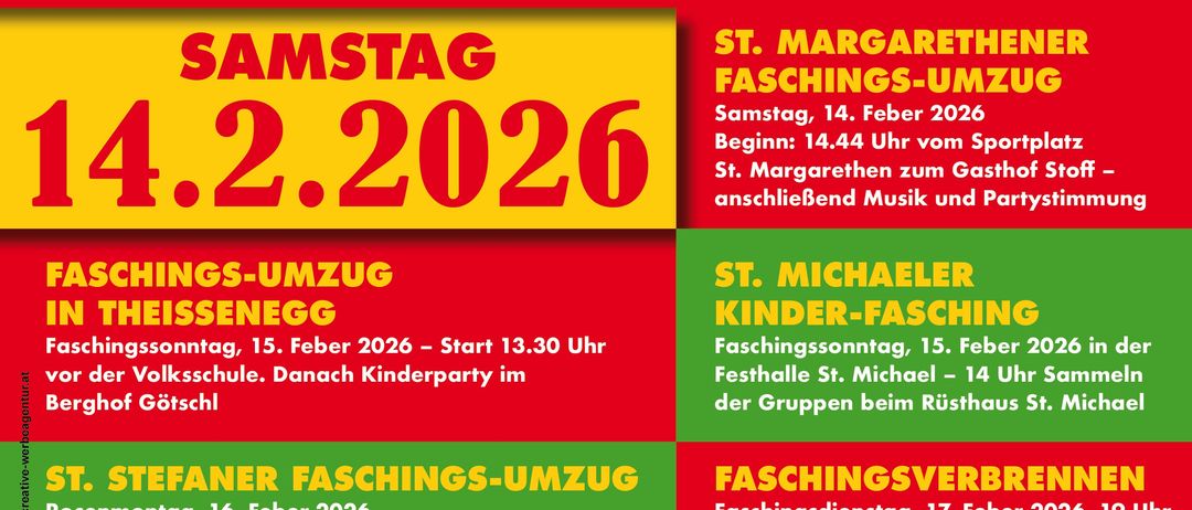 Poster for the Faschingsumzug in Wolfsberg, featuring clowns, a date of February 14, 2026, and details about the event including start time and location.
