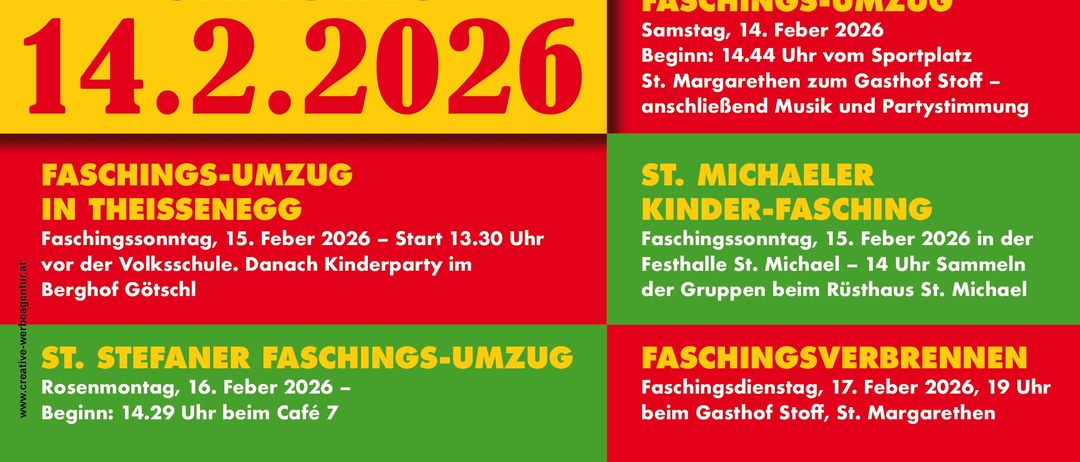 Poster for the St. Margarethen Faschings-Umzug event on February 14, 2026. Clowns wearing colorful costumes and red noses, with music by DJ Harry. Event starts at 11:00 a.m. at Bleiweißparkplatz.