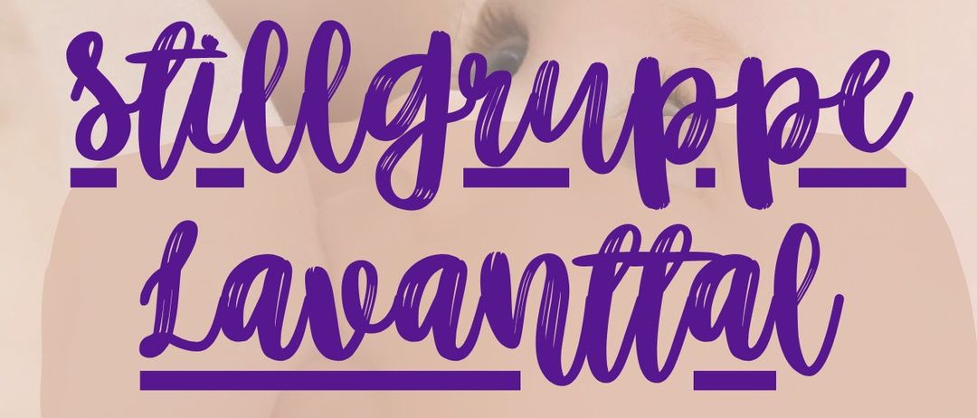 A baby is being held by a person, looking at something. Purple text reads 'tillgrupp lavanttal'.