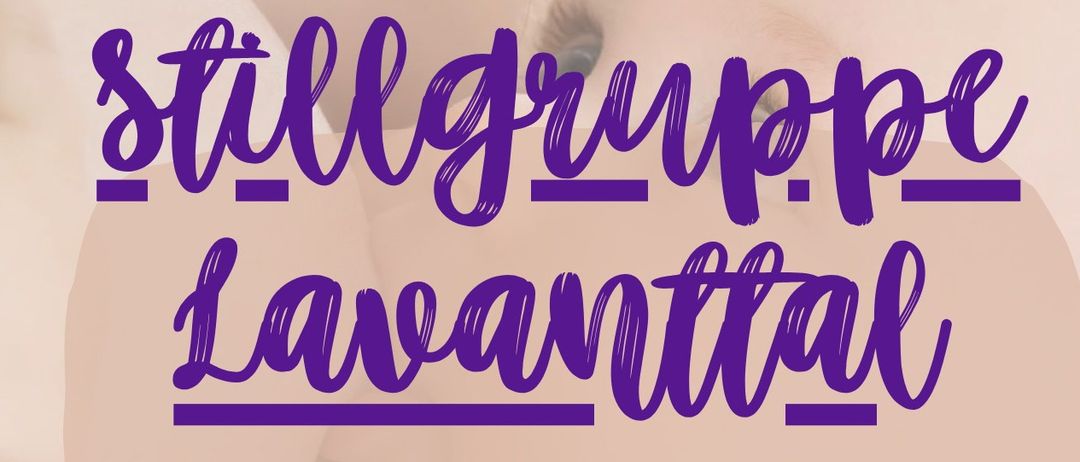 The image displays a mother holding her baby, with the words 'tillgrupp. lavanttal' written in purple font.