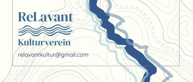 Eine Karte mit einem blauen Fluss, der durch sie fließt, beschriftet mit 'ReLavant Kulturverein'. Die Karte ist weiß mit Höhenlinien.