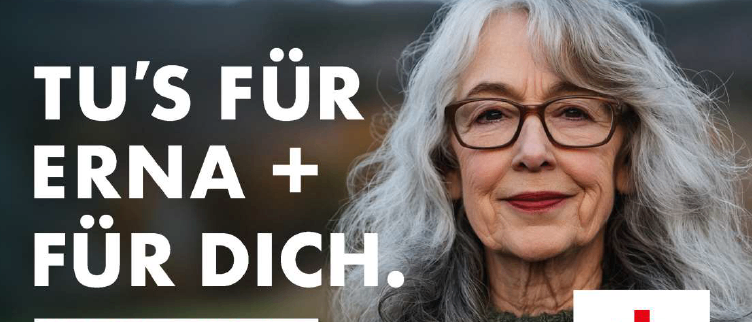 Plakat für Blutspende-Veranstaltung. Eine ältere Frau lächelt. Es steht 'ERNA + FÜR DICH. SEI DABEI. SPENDE BLUT. RETTE LEBEN.' Veranstaltungsdatum: Dienstag, 3. Februar 2026, 16:00-20:00 an der Volksschule Prebl, Prebl 160.