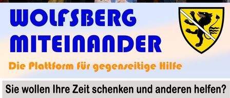 Werbeposter für Wolfsberg Miteinander, eine Plattform für gegenseitige Hilfe. Es zeigt ehrenamtliche Helfer und hebt Dienstleistungen wie Besuche, Aktivitäten und Einkaufshilfe hervor. Kontaktdaten sind angegeben.