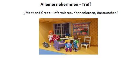 Ein Flyer für die Veranstaltung 'Alleinziehenden - Treff' zeigt eine Playmobil-Familienszene. Termine sind 04.03.2026, 14.04.2026 und 16.06.2026. Themen umfassen 'Vorsorgen u. Finanzen', 'Mental load' und 'Juristisches ABC'. Ort ist Hermann-Fischer Straße 1, 9400 Wolfsberg. Anmeldung unter 04352/52 619.
