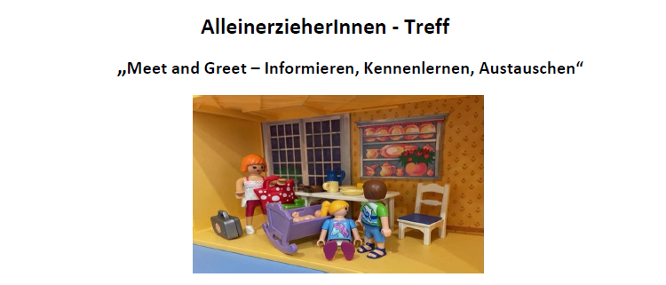 Meeting flyer for single parents. A picture of two children in a playroom. Dates and times for meetings about finances, mental health, and legal ABCs. Contact info at the bottom.