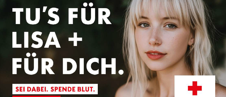 Eine Anzeige für eine Blutspendeaktion des Roten Kreuzes. Es zeigt eine Frau namens Lisa und beinhaltet einen Aufruf, dabei zu sein, Blut zu spenden und Leben zu retten. Die Veranstaltung ist für den 17. März 2026 von 15:30 bis 20:00 Uhr im Vereinshaus in St. Margarethen im Lavanttal geplant.