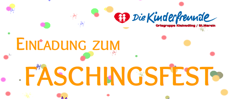 Poster for a Faschingsfest on Sunday, February 15, 2026, starting at 2 PM at Haus der Musik. Clown illustration, confetti, and a pastry with a smiley face. Each child receives a Krapfen.