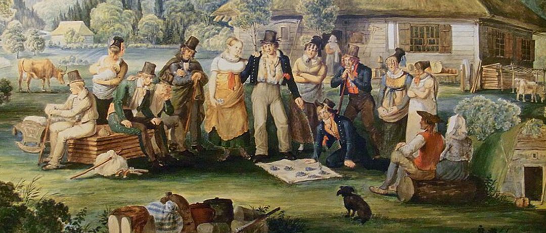 Ein Bild mit einem historischen Gemälde zeigt eine Gruppe von Menschen, einige sitzend und andere stehend, in einer ländlichen Umgebung. Das Gemälde befindet sich in einem Museum und trägt den Titel 'Die Stradafisel'. Das Gemälde wird von Informationen über einen Vortrag von Dr. Elke Hammer-Luza begleitet, der für den 18. März 2026 geplant ist.