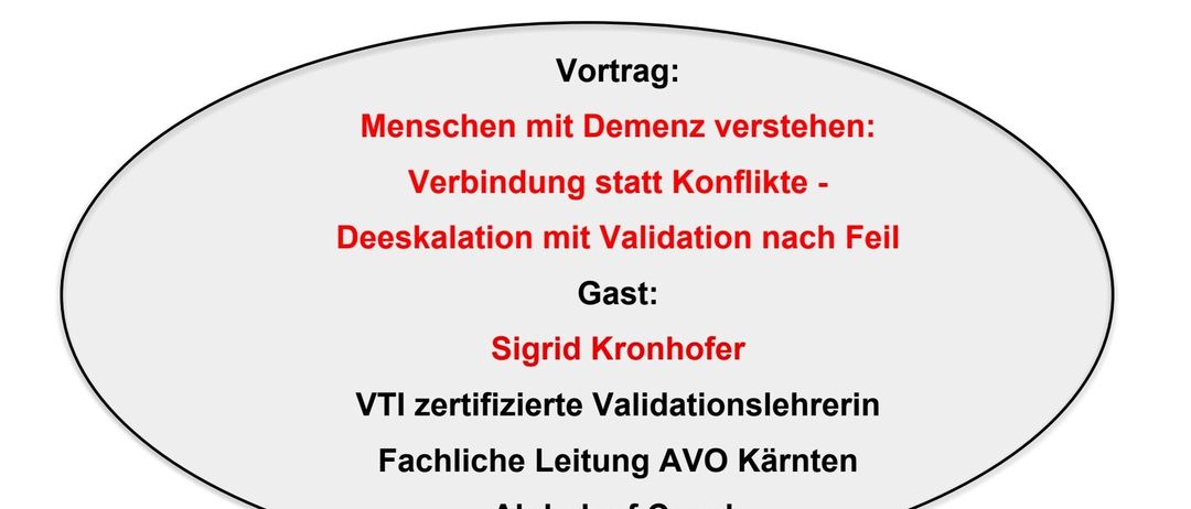 Plakat für ein Seminar über das Verständnis von Menschen mit Demenz. Referent Sigrid Kronhofer, zertifizierte Validationslehrerin. Datum: 17.03.2026, 18:30 Uhr. Ort: Landeskrankenhaus Wolfsberg, Seminarraum 3. Kontakt: Ildiko Frajuk, Verena Greilberger.