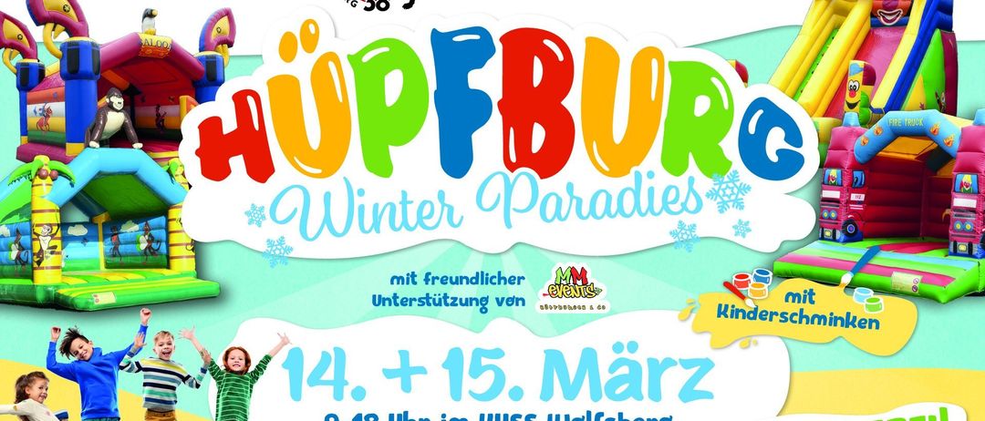 Werbeplakat für die Hüpfburg Winter Paradiese Veranstaltung, präsentiert von Round Table 38, findet am 14. und 15. März von 9 bis 18 Uhr im KUSS Wolfsberg statt.