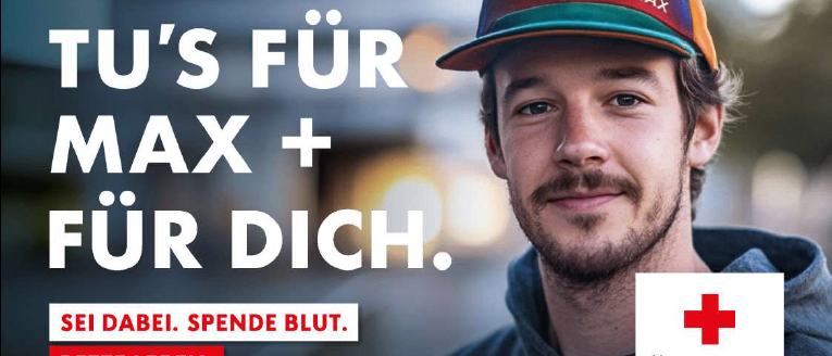 Poster for blood donation event. Features a man and a red cross symbol. Event details include date, time, and location. It encourages people to donate blood.