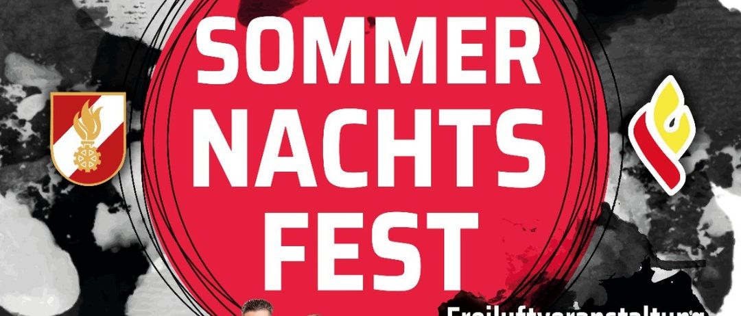 Plakat für das Sommernachtsfest am 4. Juli 2026. Zeigt vier Männer, Veranstaltungsdetails und ein Logo.