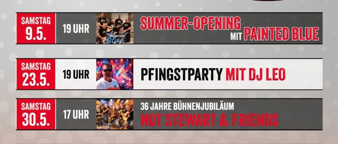 Sommer 2026 im Parkcafe. Samstags mit verschiedenen Bands. Die Eröffnung am 9. Mai mit Painted Blue. Am 23. Mai mit DJ Leo. Der 30. Mai markiert das 36. Jubiläum mit Not Stewart & Friends. Am 20. Juni gibt es Echt Ehrlich Live. Der 27. Juni ist eine 80er 90er Party mit DJ Gunther. Der 29. August ist eine Rock- und Punkrock-Party mit Anti-Kontra. Sonntag, der 13. September ist ein früher Einkaufstag.