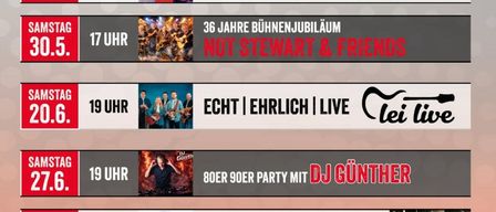 Poster mit Sommerveranstaltungen im Parkcafe. Termine sind Eröffnung am 9. Mai, 23. Mai, 30. Mai, 20. Juni, 27. Juni und 29. August. Jede Veranstaltung ist um 19 Uhr.