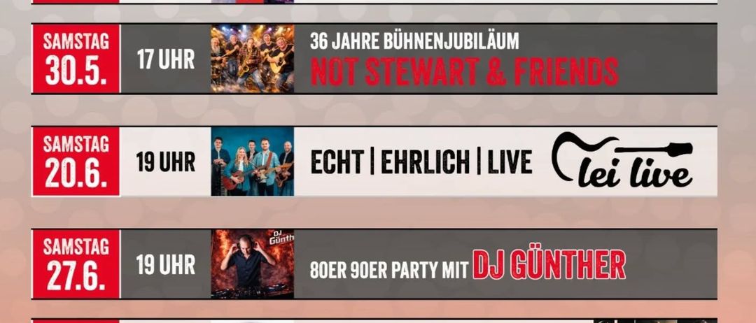 Poster mit Sommerveranstaltungen im Parkcafe. Termine sind Eröffnung am 9. Mai, 23. Mai, 30. Mai, 20. Juni, 27. Juni und 29. August. Jede Veranstaltung ist um 19 Uhr.