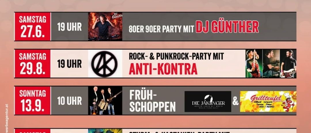 Das Parkcafe Sommerprogramm 2026 umfasst verschiedene Veranstaltungen an Samstagen und Sonntagen vom 9. Mai bis 13. September mit Bands wie Painted Blue, Not Stewart & Friends, Echt Ehrlich und mehr.