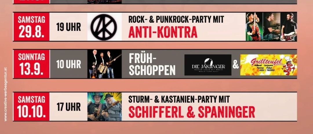 Plakat mit Veranstaltungen im Parkcafe im Sommer 2026. Events beinhalten Eröffnung, Partys und Live-Musik. Termine vom 9. Mai bis 29. August.
