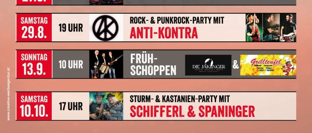 Sommer 2026 im Parkcafe. Samstag 9.5. um 19 Uhr. Sommer-Eröffnung mit Painted Blue. Samstag 23.5. um 19 Uhr. Pfingstparty mit DJ Leo. Samstag 30.5. um 17 Uhr. 36 Jahre Bühnenjubiläum mit Not Stewart & Friends. Samstag 20.6. um 19 Uhr. Echt Ehrlich live mit lei live. Samstag 27.6. um 19 Uhr. 80er 90er Party mit DJ Günther. Samstag 29.8. um 19 Uhr. Rock- & Punkrock-Party mit Anti-Kontra. Sonntag 13.9. um 10 Uhr. Früh-Schoppen.