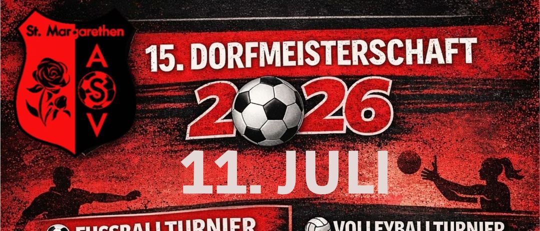 Plakat für ein Fußball- und Volleyballturnier für Kinder. Das Fußballspiel beginnt um 11 Uhr mit 5+ Teams, jedes spielt 12 Minuten. Das Volleyballspiel ist 4 gegen 4, 1 Dame pro Team. Eintrittsgebühr ist 60€ für Fußball, 40€ für Volleyball. Anmeldung bis 03.07.2026.