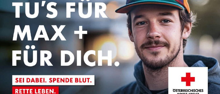 Plakat mit einem Bild eines Mannes, rotem Kreuzlogo und Text über Blutspende am 18. Mai 2026, von 15:30 bis 20:00 Uhr im Vereinshaus St. Margarethen im Lavanttal.