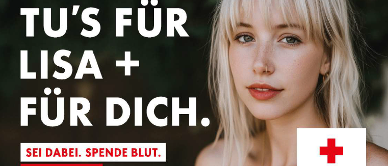 Das Bild zeigt eine Frau mit der Aufschrift 'Lisa für dich.' Sie trägt eine Halskette mit Anhänger, ein rotes Oberteil und ein rotes Logo. Darunter steht das Datum und die Uhrzeit 'Donnerstag, 28. Mai 2026 von 15:30 bis 20:00'.