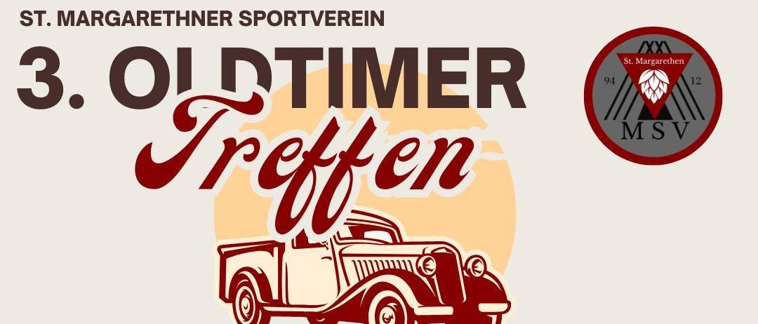 Poster for an event called Treffen Sportplatz St. Margarethen in St. Margarethen im Lavanttal. Vehicles from the year 1996 are welcome. Free entry, food and drinks provided. No participation fee or registration required. The event is on May 3, 2026, at 10:00 AM.