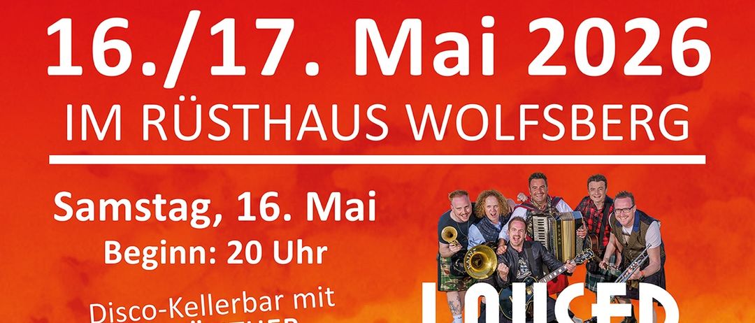 Das Feuerwehrfest der Freiwilligen Feuerwehr Wolfsberg mit der Band 'Lauser' und 'Die Oststeirer' findet am 16. und 17. Mai 2026 im Rusthaus Wolfsberg statt. Samstags beginnt um 20 Uhr, Sonntags um 10 Uhr. Eintritt: Erwachsene 5 €, Familien 8 €.