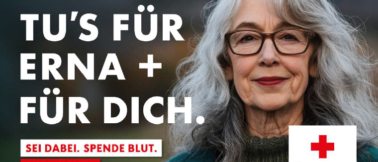 Ein Poster zeigt eine ältere Frau, die lächelt, mit dem Text 'ERNA + FÜR DICH.' Sie trägt eine Brille. Darunter steht 'Sei dabei. Spende Blut. Rette Leben.' Die Veranstaltung findet am 1. Juni 2026 von 14:00 bis 19:00 Uhr statt. Ort: Mittelschule St. Marein im Lavanttal, St. Marein 22.