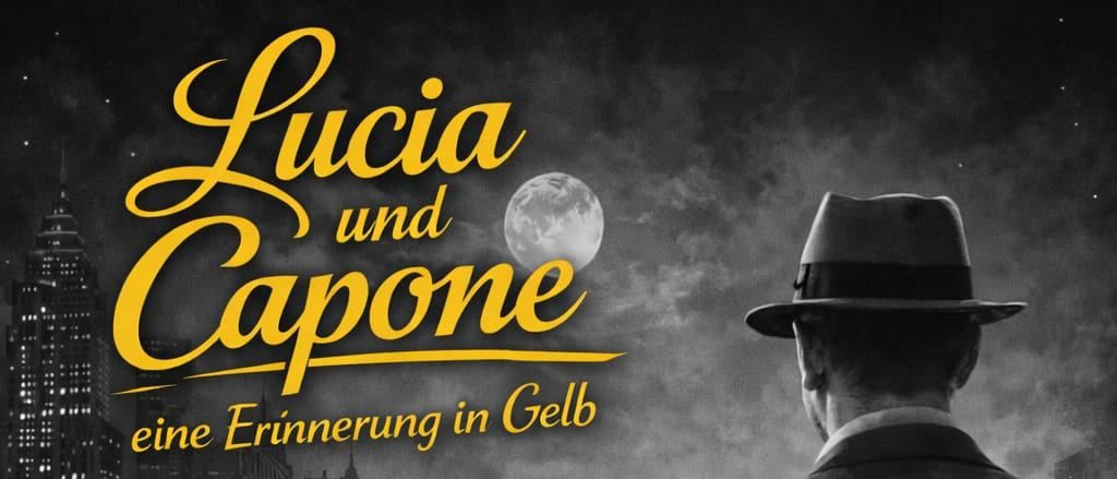 Schwarz-Weiß-Bild mit einem Mann in Hut, der eine Frau in einem gelben Kleid beobachtet, vor einer nächtlichen Stadtlandschaft.