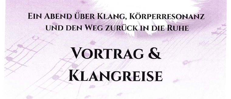 Plakat für eine Veranstaltung mit dem Titel 'FEDERLEICHT FÜHLEN'. Es ist ein Abend über Klang, Körperresonanz und den Weg zurück in die Ruhe. Datum: Donnerstag, 28. Mai 2026, 17:00-18:00. Ort: Center Wolfsberg, Siebenbrunnner Strasse 1, 9400 Wolfsberg. Eintritt: 15 Euro. Anmeldung erwünscht. Tonatur E.U. Mag. Julia Urbani.