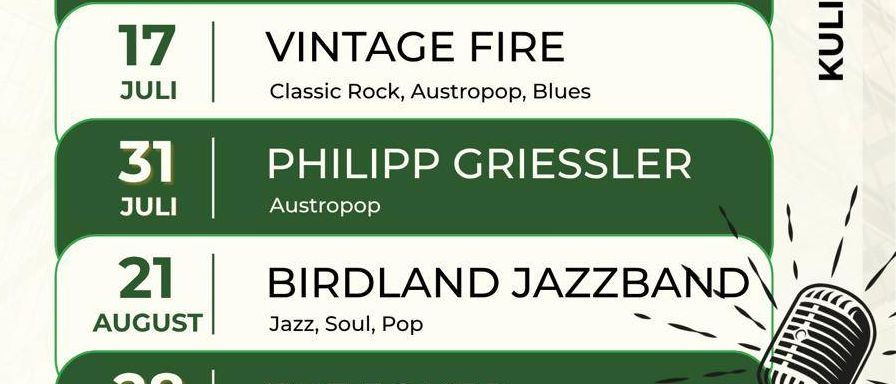 Ein Musik-Event-Poster mit einer Reihe von Künstlern und ihren Genres. Die erste Band ist Blue Chilis mit Country, Blues und Rock'n'Roll. Stormy Chicken folgt mit Rock und Blues. Mrcelas Soulkuchl folgt mit Soul, Blues und Rock. Dann H.U.A.T. mit Ennstal tritt Rock'n'Roll. Als nächstes Emely Myles mit Soul, Rock und Jazz. Vintage Fire mit Classic Rock, Austropop und Blues. Philipp Griessler mit Austropop. Schließlich Birdland Jazzband mit Jazz, Soul und Pop.