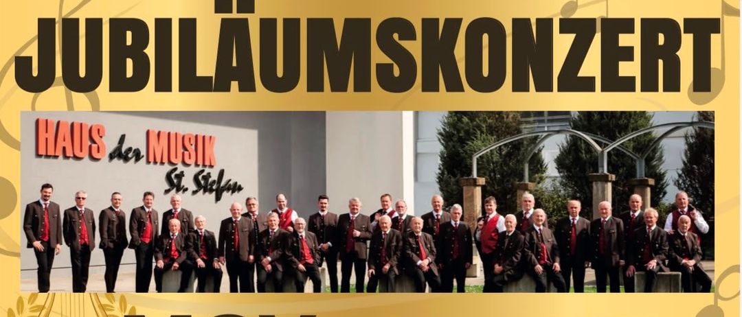 Plakat für das 80-jährige Jubiläum des MGV St. Stefan Chores mit einem Gruppenfoto des Chores in formeller Kleidung. Veranstaltungsdetails umfassen Datum, Uhrzeit, Ort und Gastredner.