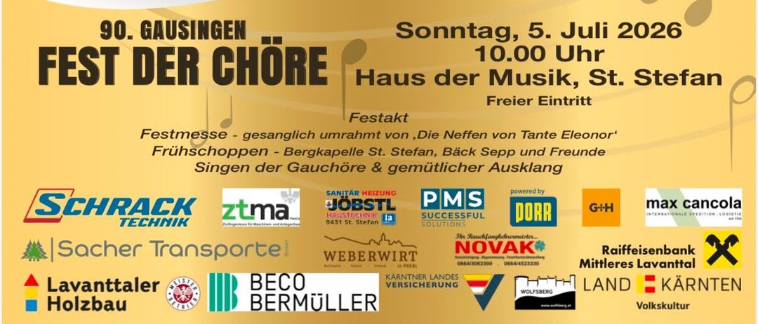 Plakat für das 80-jährige Jubiläum des MGV St. Stefan Chores am 3. Juli 2026. Gäste sind der Singkreis Thurn, die Gesangskreise St. Michael, MG und Frauenchor St. Margarethen. Die Veranstaltung findet im Haus der Musik, St. Stefan statt.