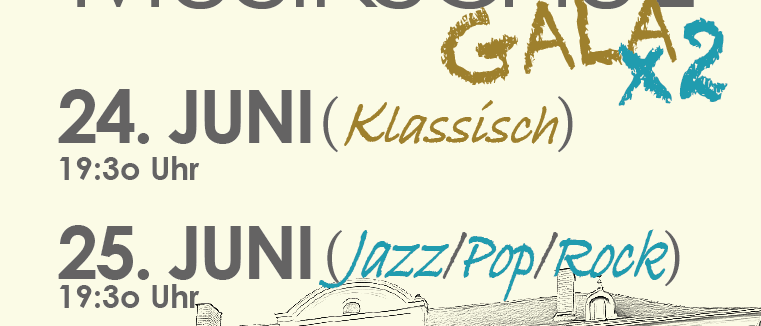 Plakat für ein Musikschul-Gala mit klassischer Musik am 24. Juni und Jazz, Pop, Rock am 25. Juni. Beide Veranstaltungen beginnen um 19:30 Uhr. Eine Illustration eines Gebäudes ist ebenfalls vorhanden.