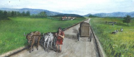 Eine Einladung zur Ausstellungseröffnung 'Die Römer im Lavanttal'. Das Bild zeigt eine historische Szene mit einer Frau und zwei Ochsen auf einem Weg mit einem Karren. Das Datum ist 03.07.2026 um 19:00 Uhr.