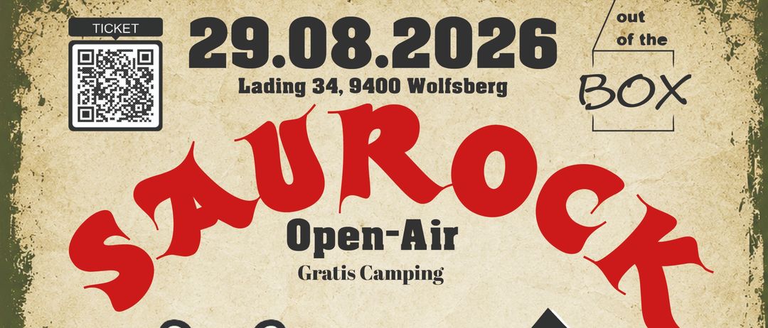 Plakat für das Saurock Open-Air Festival mit den Bands Sort of Odd, Flavor Amp, Furiosi Quantum, River's Shinette und Dust to Dust. Beginn um 18:00.